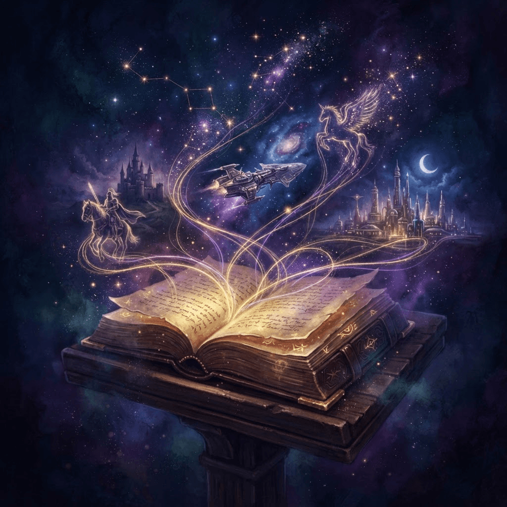 An ancient open book weaving glowing threads of light into worlds and characters